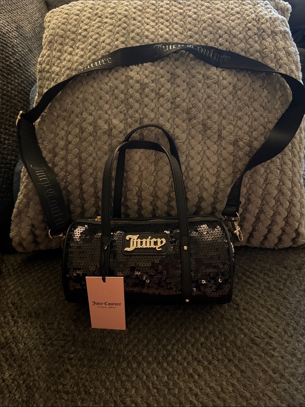 Juicy Couture Black Sequin Barrel Satchel with Branded Strap